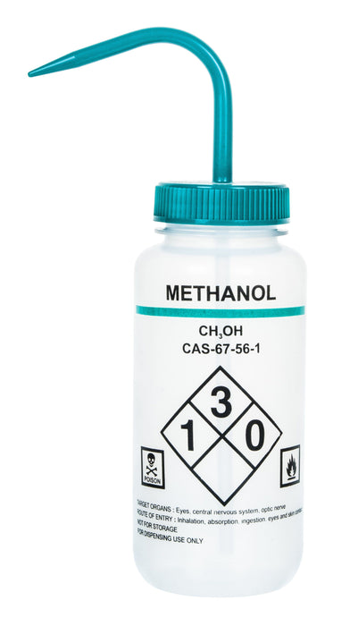 500ml Capacity Labelled Wash Bottle for Methanol - Color Coded Green - Self Venting, Low Density Polyethylene (Discontinued)