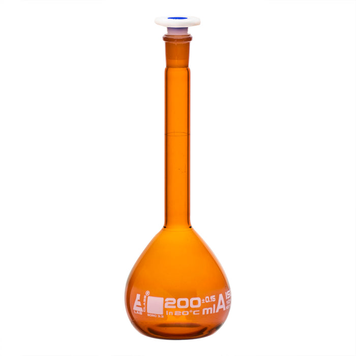 Volumetric Flask, 200ml - Class A - 14/23 Polypropylene Stopper, Borosilicate Glass, Amber - White Graduation Mark, Tolerance ±0.150 ml - Eisco Labs