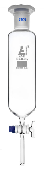 Dropping Funnel, 500ml - 29/32 Plastic Stopper - Ungraduated, Glass Key Stopcock - Cylindrical, Borosilicate Glass - Eisco Labs