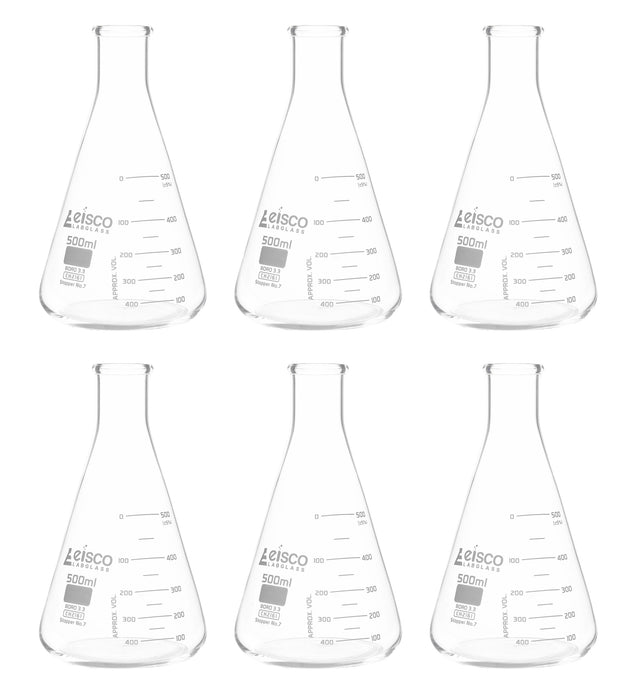 6PK Erlenmeyer Flasks, 500mL - ASTM, Dual Graduated Scale - Borosilicate Glass