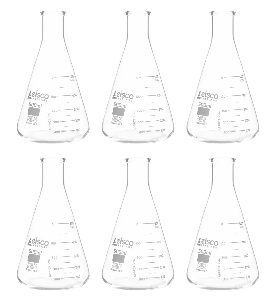 6PK Erlenmeyer Flasks, 500mL ASTM, Dual Graduated Scale Borosilica