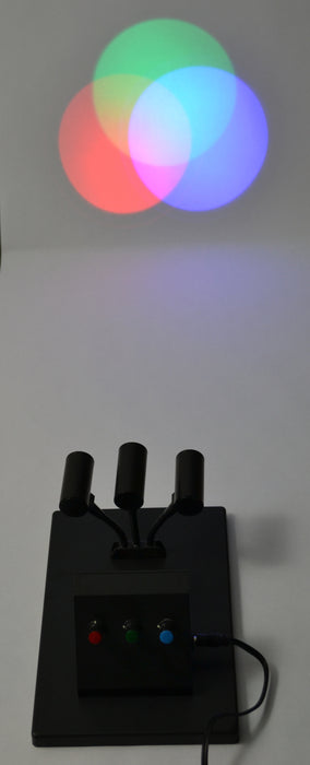 Eisco Labs Color Mixing apparatus - 3 LED Lamps that project Red, Blue, Green light - 10" x 16" base