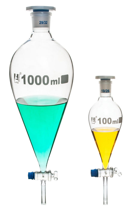 Squibb Separating Funnel, 50ml - 14/23 Plastic Stopper, Glass Key Stopcock, Ungraduated - Borosilicate Glass - Eisco Labs