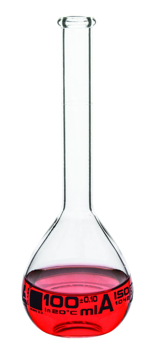 Volumetric Flask, 100ml - Class A Tolerance ±0.10ml - Beaded Rim - Single White Graduation, Blue Printed Specifications - Borosilicate 3.3 Glass - Eisco Labs