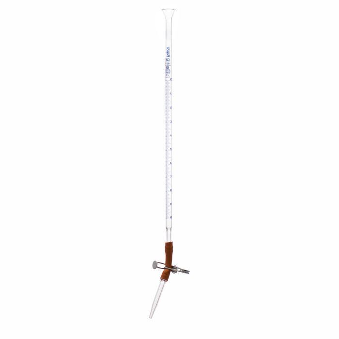 Burette, 10ml - Class B, DIN ISO 385, Borosilicate Glass with Pinch Clip, 0.10ml Graduations - Eisco Labs