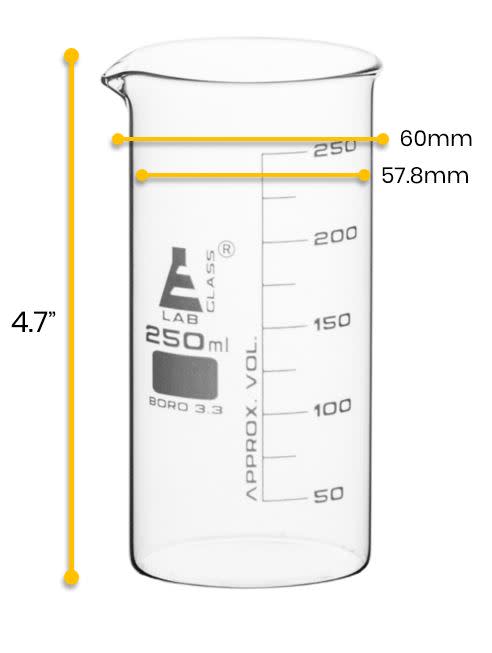 Beaker, 250ml - Tall Form - White Graduations - Borosilicate Glass