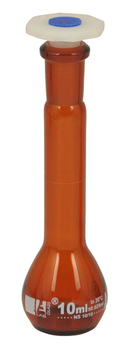 Volumetric Flask, 10ml - Class A - 10/19 Polypropylene Stopper, Borosilicate Glass, Amber - White Graduation Mark, Tolerance ±0.025 ml - Eisco Labs