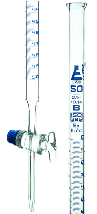 Burette, 50ml - Class B, DIN ISO 385, Borosilicate Glass with Glass Key Stopcock, 0.10ml Graduations - Eisco Labs