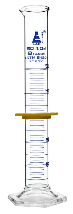 Graduated Cylinder, 50mL - ASTM Class B - Protective Collar, Hexagonal Base - Blue Graduations - Borosilicate Glass