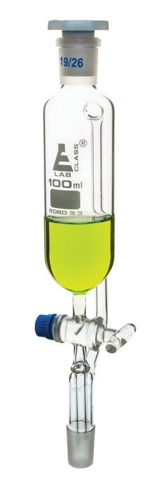 Dropping Funnel, 100mL - Pressure Equalizing - Borosilicate Glass with 19/26 Plastic Stopper & PTFE Key Stopcock