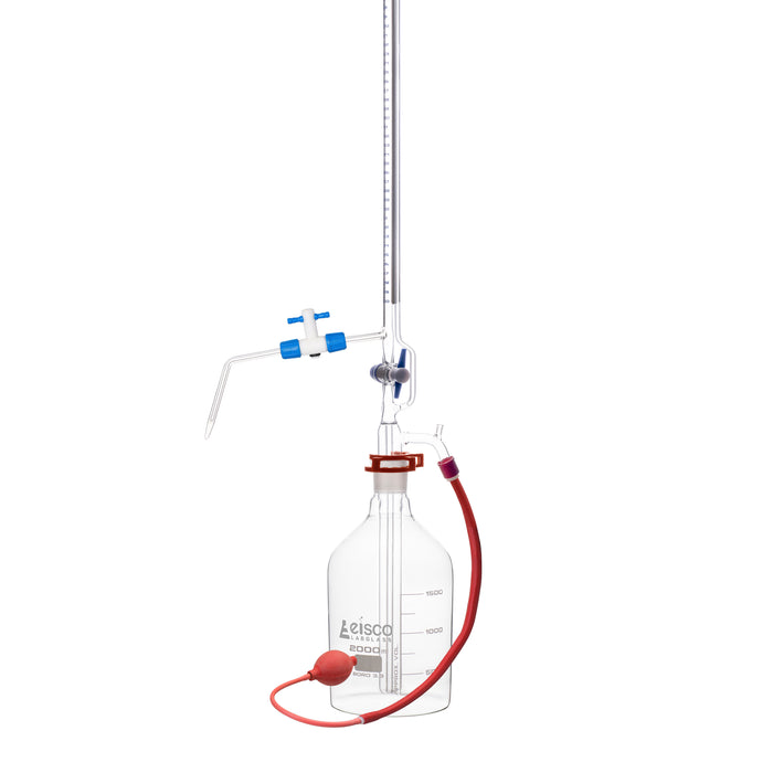 Automatic Zero Burette, 50ml - Class B - 34/35 Joint Size - 0.10Â±ml Tolerance, 0.10ml Sub. Divisions - 2000ml Reservoir Capacity - With Intermediate Stopcock & Schellbach Stripe - Eisco Labs