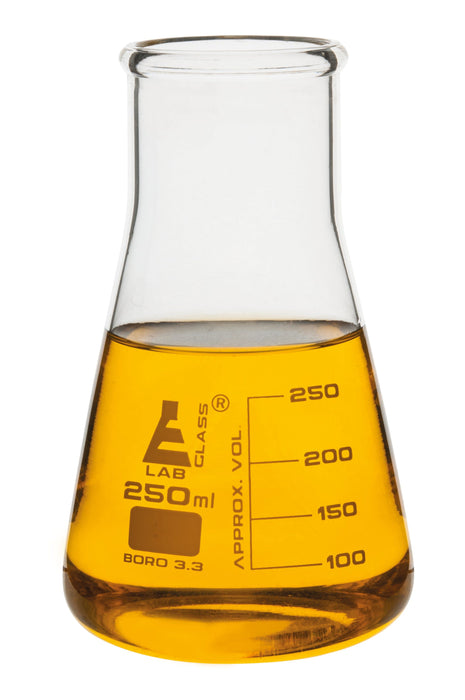 Erlenmeyer Flask, 250ml - Borosilicate Glass - Wide Neck, Conical Shape - White Graduations - Eisco Labs