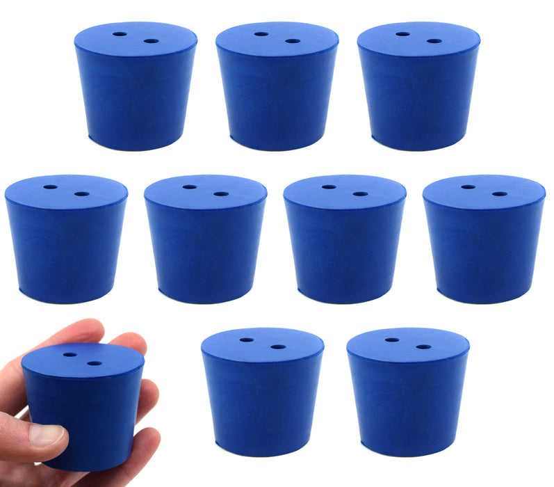 Neoprene Stoppers, 2 Holes - Blue - Size: 40mm Bottom, 49mm Top, 40mm Length - Pack of 10