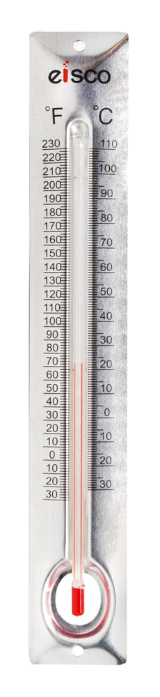 Aluminum Thermometer, -30 to 110°C / 30 to 230°F, Measurement in Celsius & Fahrenheit - Aluminum Backing, Glass - Spirit Filled - 6.5" Long, 1" Wide - Eisco Labs