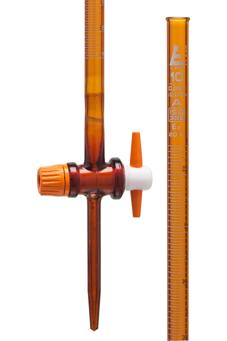 Burette, Amber, 50mL - Class A - With PTFE Stopcock - Borosilicate Glass