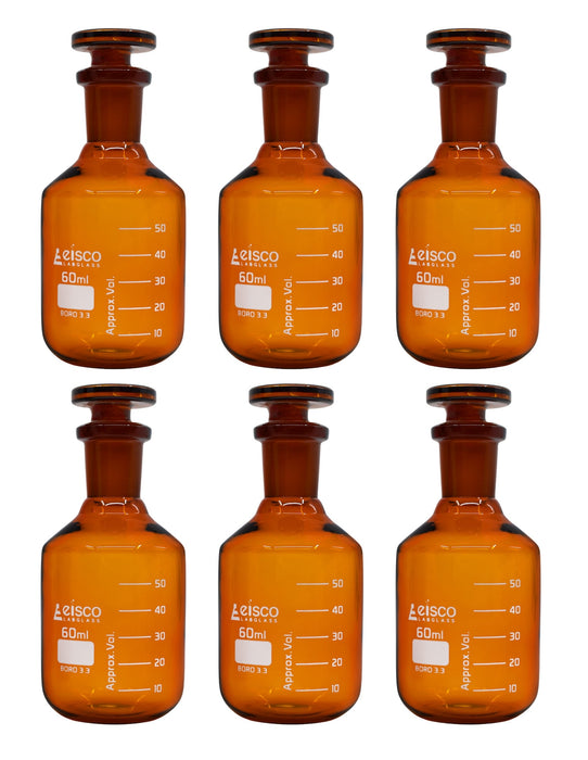 6PK Reagent Bottles, Amber, 60mL - Graduated - Narrow Mouth with Solid Glass Stopper - Borosilicate Glass