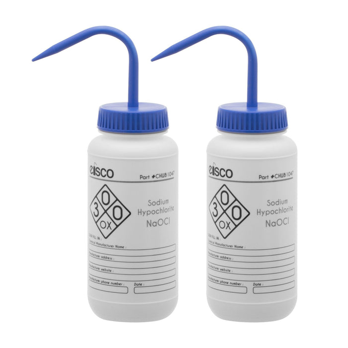 2PK Performance Plastic Wash Bottle,  Sodium Hypochlorite (Bleach), 500 ml - Labeled (2 Color)