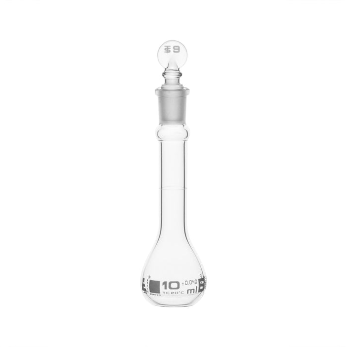Volumetric Flask, 10ml - Class B, ASTM - Tolerance ±0.040 ml - Glass Stopper -  Single, White Graduation - Eisco Labs
