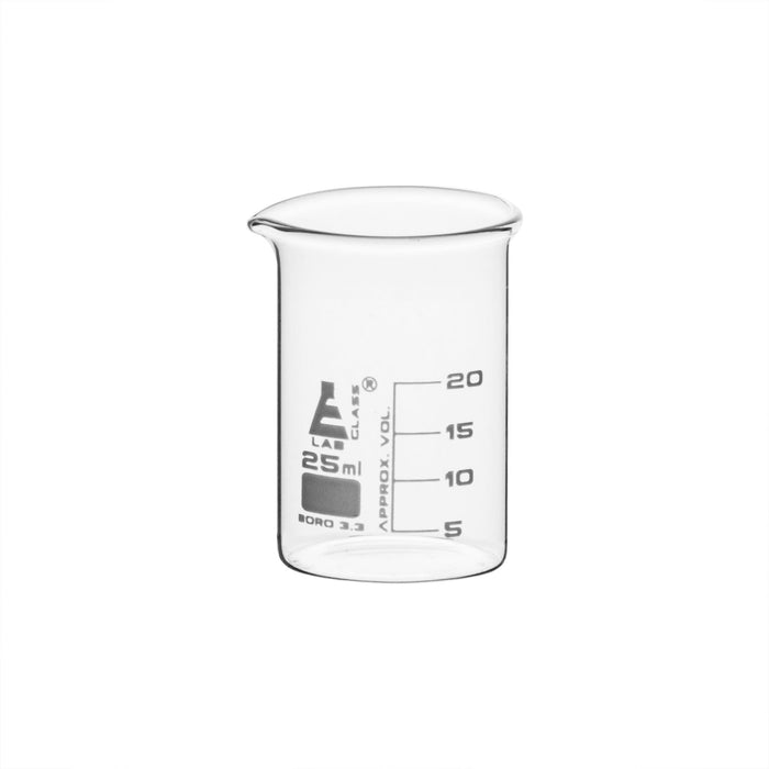 12PK Beakers, 25ml - Low Form - 5ml Graduations - Borosilicate Glass