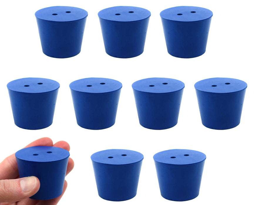 Neoprene Stoppers, 2 Holes - Blue - Size: 35mm Bottom, 45mm Top, 36mm Length - Pack of 10
