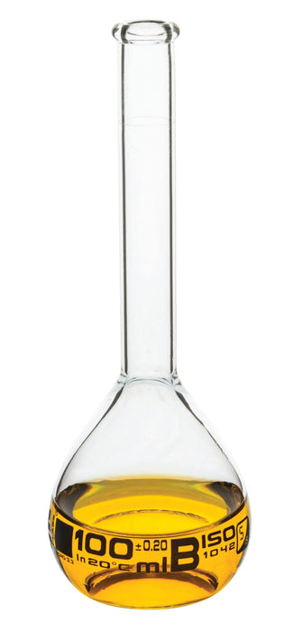 Volumetric Flask, 100ml - Class B - Borosilicate Glass - Blue Graduation, Tolerance ±0.200 - No Stopper, Beaded Rim - Eisco Labs
