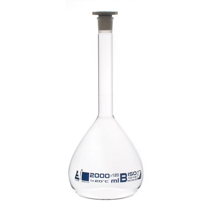 Volumetric Flask, 2000ml - Class B - 29/32 Polyethylene Stopper, Borosilicate Glass - Blue Graduation, Tolerance ±1.200 - Eisco Labs
