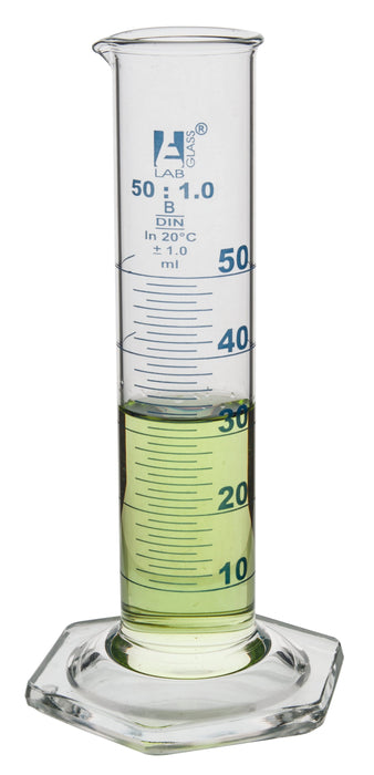 Graduated Cylinder, 50mL - Class B - Squat Form - Hexagonal Base - Blue Graduations - Borosilicate Glass