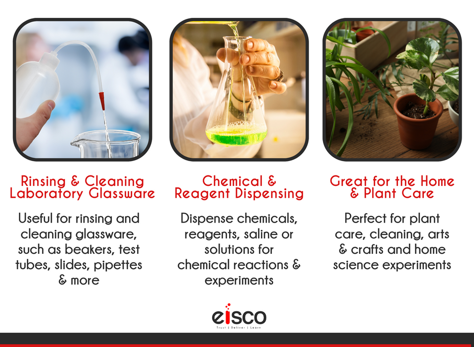Eisco Labs 125ml, and 250ml Polyethylene Wash Bottle with Delivery Tube, Screw Cap, and Tube Cap, LDPE