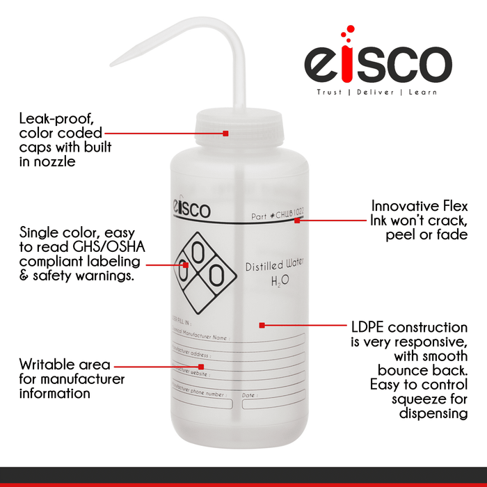 2PK Performance Plastic Wash Bottle, Distilled Water, 1000 ml - Labeled (1 Color)