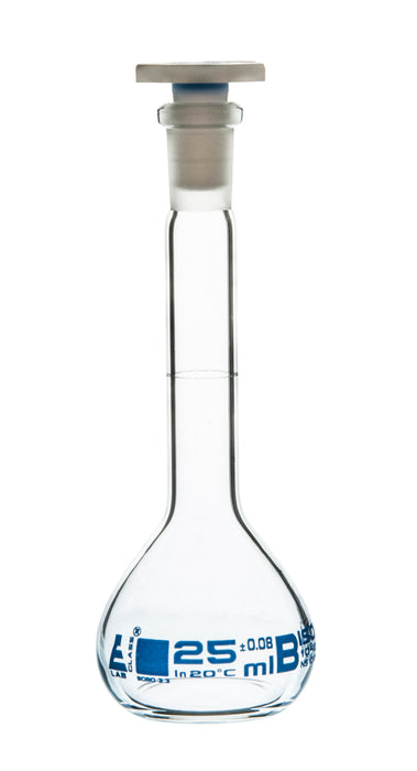 Volumetric Flask, 25ml - Class B - 10/19 Polyethylene Stopper, Borosilicate Glass - Blue Graduation, Tolerance ±0.080 - Eisco Labs