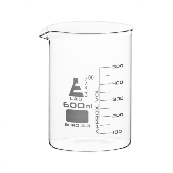 6PK Beakers, 600ml - Low Form - 50ml Graduations - Borosilicate Glass