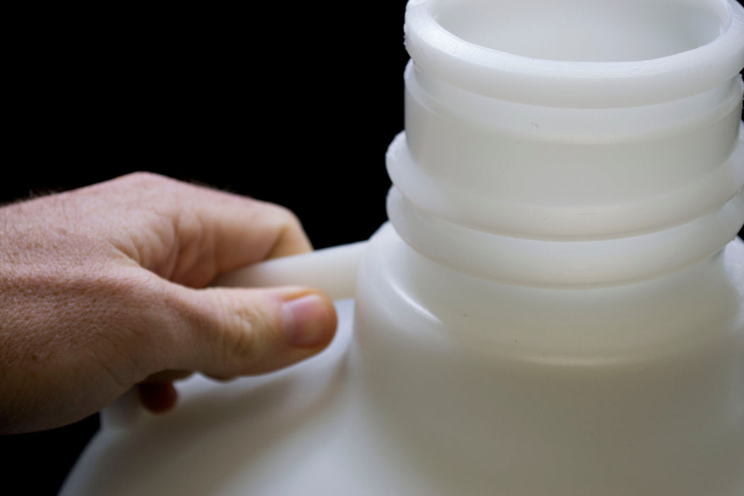 10 Liter (2.6 Gallon) Carboy Jug with Gasket Cap, White Premium Polypropylene with 2 Handles, 15" H - 10" D with 2 5/8" Opening - Eisco Labs