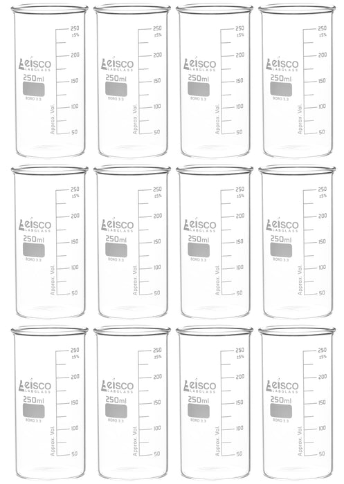 12PK Beakers, 250mL - Berzelius Tall Form, No Spout - Graduated - Borosilicate Glass