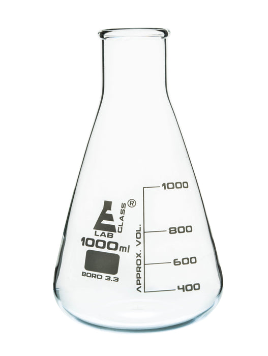 Erlenmeyer Flask, 1000ml - Borosilicate Glass - Wide Neck, Conical Shape - White Graduations - Eisco Labs