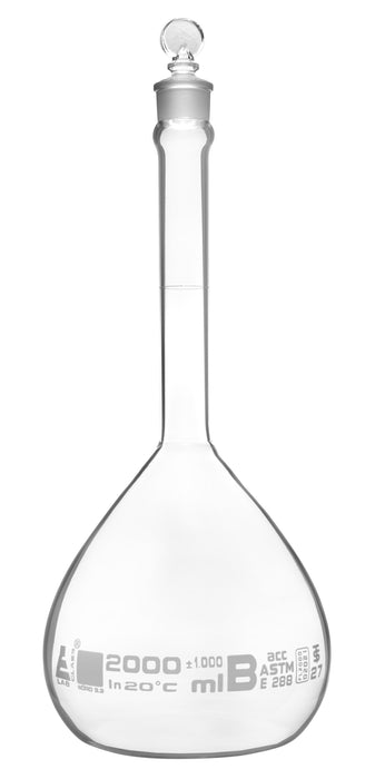 Volumetric Flask, 2000ml - Class B, ASTM - Tolerance ±1.000 ml - Glass Stopper -  Single, White Graduation - Eisco Labs