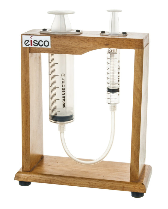 Pascal's Demonstrator - Hyradulic Press, 7.5" Height, Sturdy Wood Frame, 50ml Large Piston, 10ml Small Piston - Eisco Labs