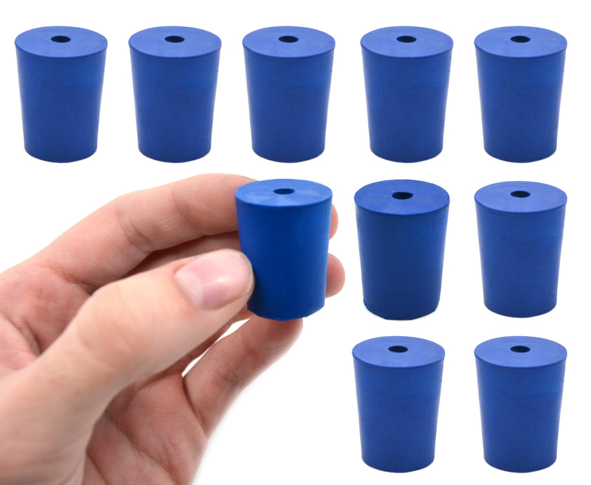 Neoprene Stoppers, 1 Hole - Blue - Size: 18mm Bottom, 21mm Top, 26mm Length - Pack of 10