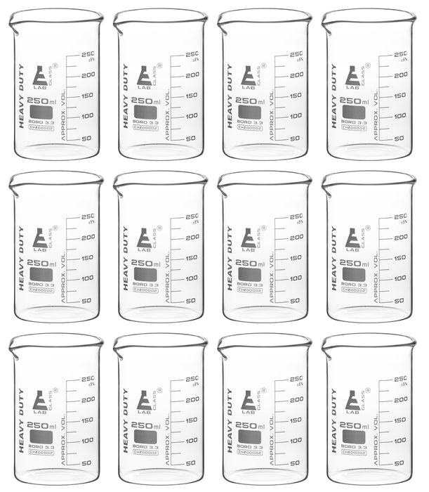 12PK Heavy Duty Beakers, 250ml - 3.2mm Thick, Uniform Walls - Superior Durability & Chemical Resistance - White Graduations - Borosilicate 3.3 Glass - Eisco Labs