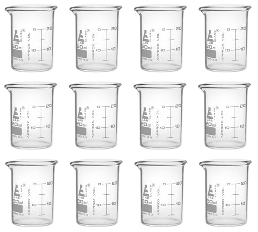 12PK Beakers, 20ml - ASTM - Low Form, Dual Scale Graduations - Borosil   Eisco Labs