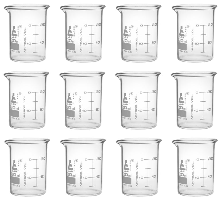 12PK Beakers, 20ml - ASTM - Low Form, Dual Scale Graduations - Borosilicate Glass