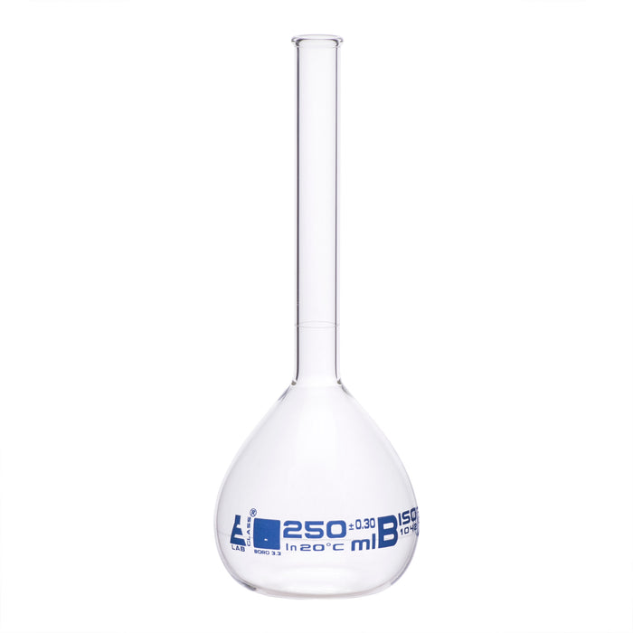 Volumetric Flask, 250ml - Class B - Borosilicate Glass - Blue Graduation, Tolerance ±0.300 - No Stopper, Beaded Rim - Eisco Labs