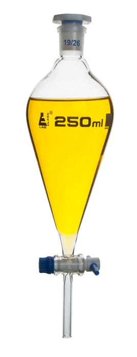 Squibb Separating Funnel, 250ml - 19/26 Plastic Stopper, PTFE Key Stopcock, Ungraduated - Borosilicate Glass - Eisco Labs