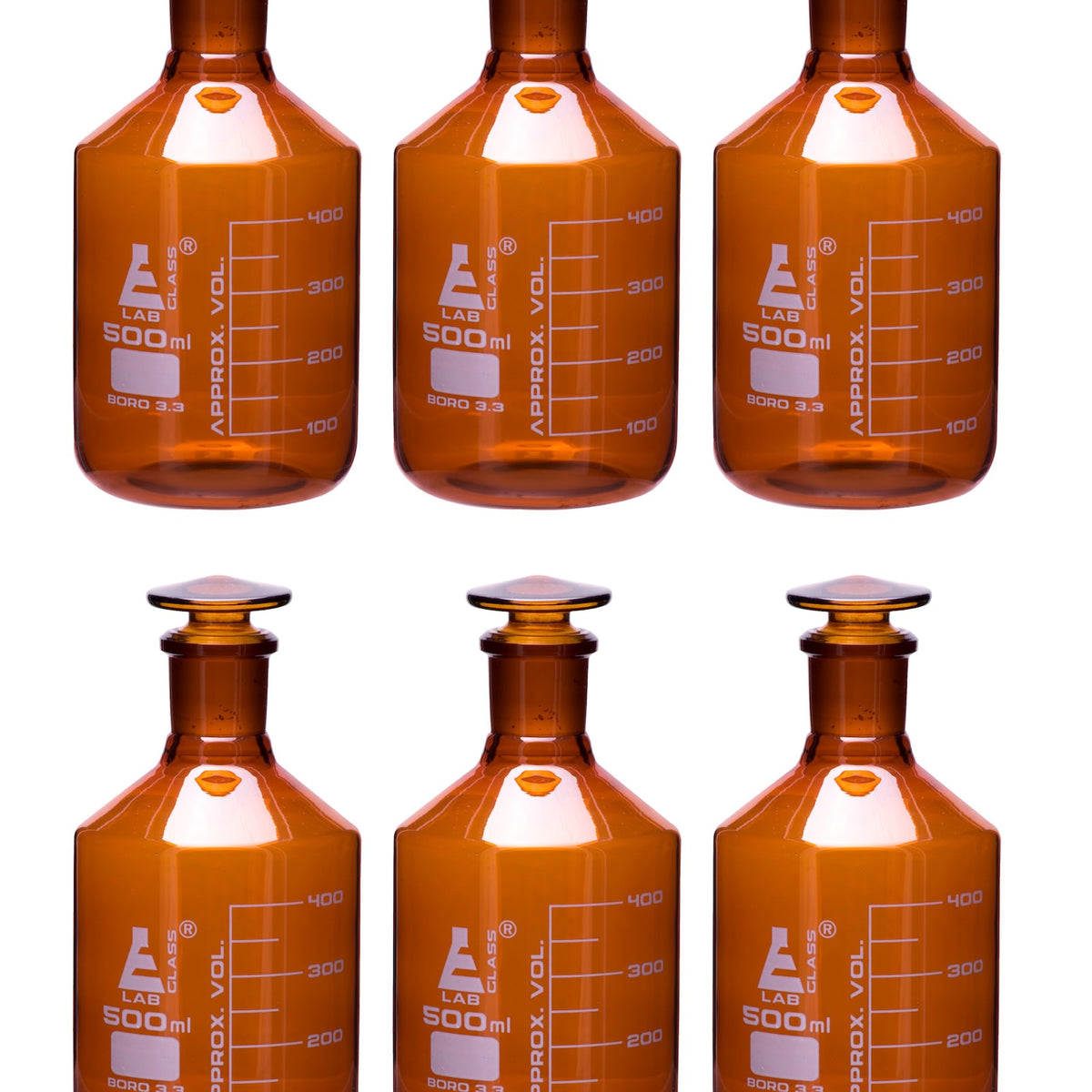 6PK Reagent Bottles, Amber, 500mL - Graduated - Narrow Mouth with Soli ...