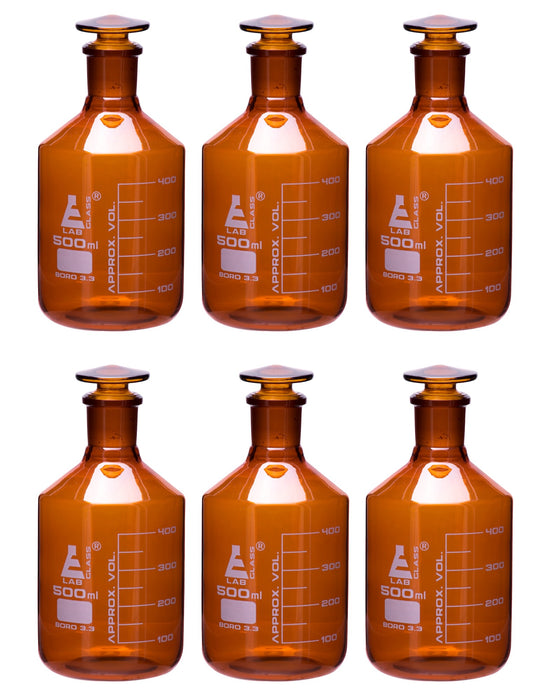 6PK Reagent Bottles, Amber, 500mL - Graduated - Narrow Mouth with Solid Glass Stopper - Borosilicate Glass