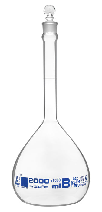 Volumetric Flask, 2000ml - Class B, ASTM - Tolerance ±1.000 ml - Glass Stopper -  Single, Blue Graduation - Eisco Labs