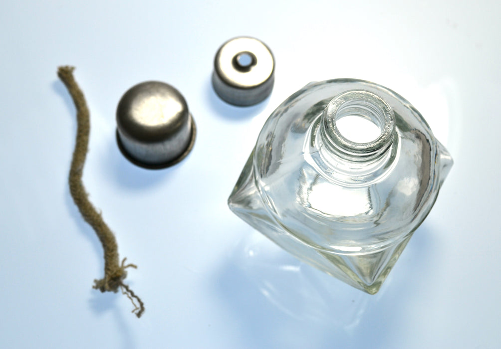 Alcohol Lamp, 120mL - Glass with Metal Cap and Fiber Wick - Polyhedral - Eisco Labs