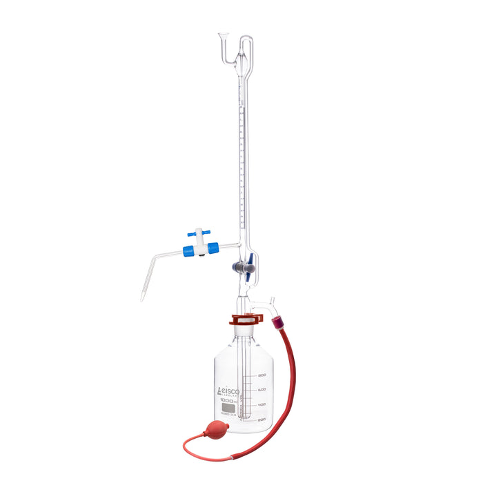 Automatic Zero Burette, 10ml - Class A - 29/32 Joint Size - 0.03±ml Tolerance, 0.05ml Sub. Divisions - 1000ml Reservoir Capacity - With Intermediate Stopcock & Schellbach Stripe - Eisco Labs