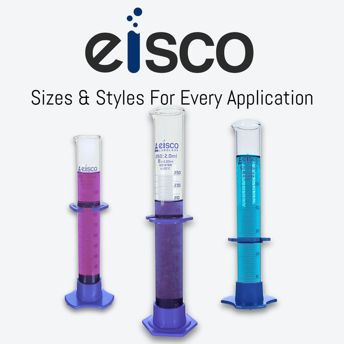 Graduated Cylinder, 100mL - Class B - Detachable, Plastic Hexagonal Base & Protective Collar - Blue Graduations - Borosilicate Glass