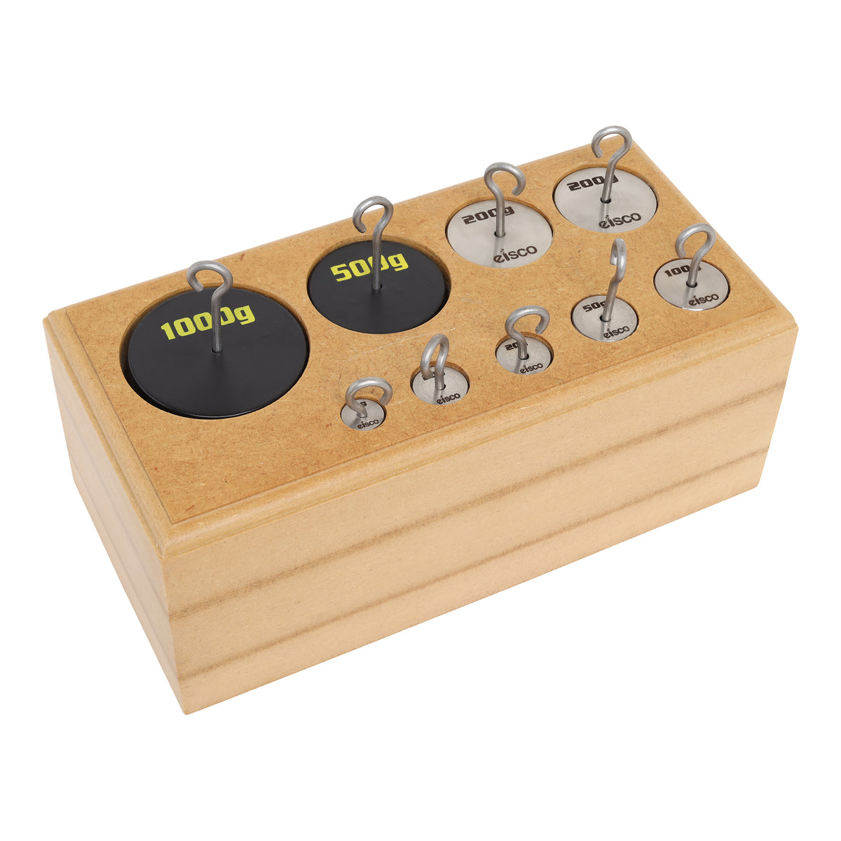 Hooked Weights Set, Stainless Steel, 9 Pieces - Metric Grams, 10-1000 grams - Includes Wooden Storage Block