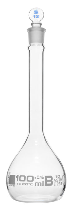 Volumetric Flask, 100ml - Class B, ASTM - Tolerance ±0.160 ml - Glass Stopper -  Single, White Graduation - Eisco Labs